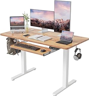 CubiCubi Escritorio de pie eléctrico con bandeja para teclado, mesa alta de 120 x 60 cm, patas en T de acero con control d...