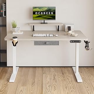 OCGREEN Mesa de pie con altura regulable eléctricamente, escritorio ergonómico (roble + bandeja para monitor, 140 x 76 cm)