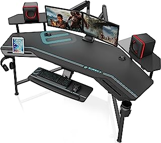 EUREKA ERGONOMIC Mesa Gaming LED 182x76 cm Escritorio Gaming para Ordenador en Forma de ala con Bandeja para Teclado,Ajust...